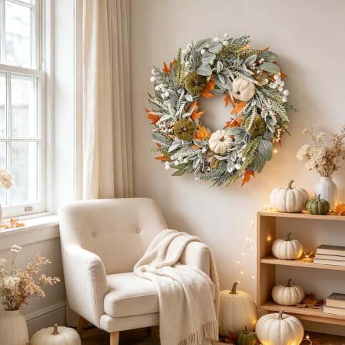 22 Inch Fall Eucalyptus Wreath with Pumpkins Berries and Maple Leaves for Front Door Indoor Outdoor Halloween Thanksgiving Decor