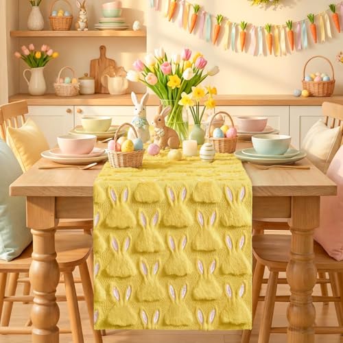 Yellow Plush Faux Fur Easter Table Runner 13x72 Inch for Spring Home Decor