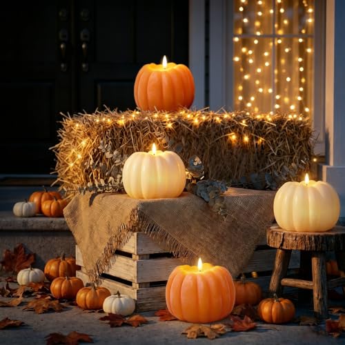 Large Flameless Pumpkin Candle - Fall Decor with Remote Control - Orange & White - ARIKJ