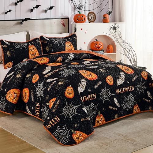 Halloween Queen Quilt Set - Pumpkin & Bat Festive Bedspread Coverlet - Variation of THIS listing