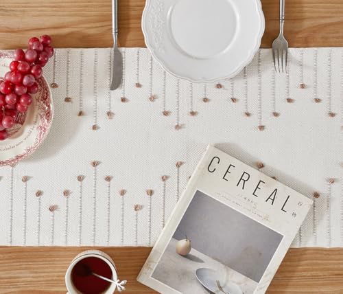 Boho Table Runner 14x48 Inch Taupe/Ivory Woven Home Decor with Fringed Edges