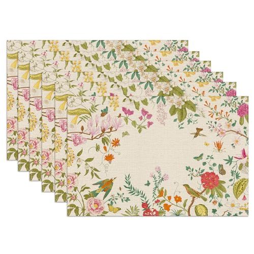 Vintage Floral Bird Placemat Set of 6 - Spring Summer Linen Table Mats, Washable & Stain-Resistant