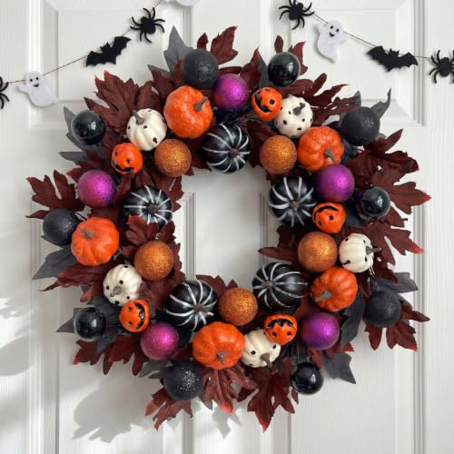 Halloween Ball Wreath for Front Door - 24 Inch Pumpkin Fall Door Decor - Black Variation