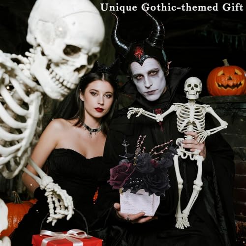 Halloween Gothic Black and Dark Red Flowers with Wooden Box - Artificial Floral Centerpiece