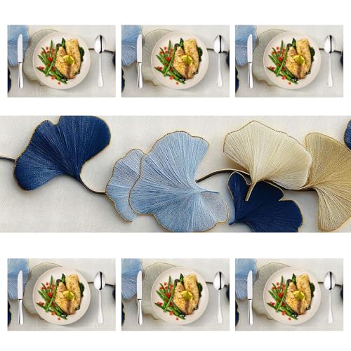 Ginkgo Leaf Table Runner & Placemats Set - 1 Runner + 6 Placemats - Modern Minimalist Gold Accents - Variation 98