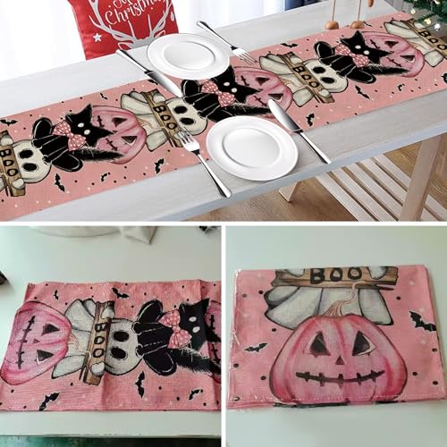Pink Halloween Table Runner 13x72 Inch Linen Spooky Decor for Dining & Parties