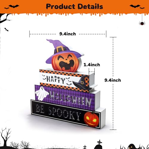 Halloween Wooden Block Set with Glowing 3D Letters and Witch-Hatted Pumpkin - Indoor Decor