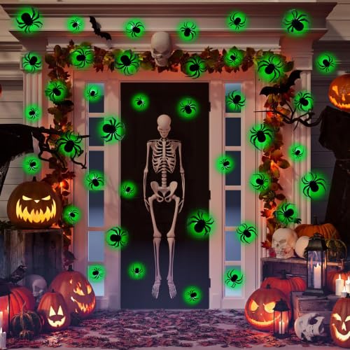 Green LED 3D Spider Halloween Decorations Set - 36pcs with 4 Sizes & Shapes