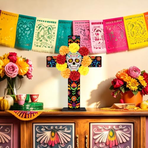 Colorful Large Day of the Dead Wooden Cross Tabletop Decor - Mexican Halloween Altar Centerpiece