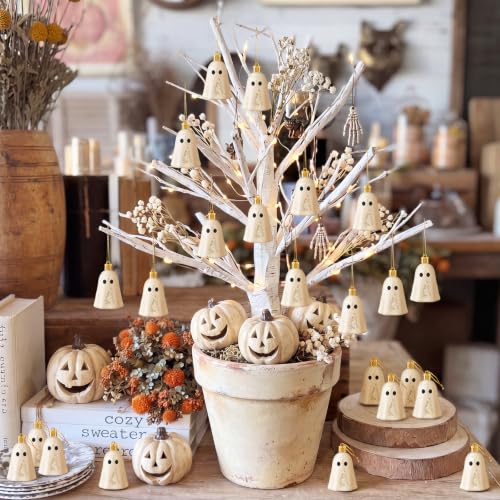 Farmhouse Halloween Ghost Ornaments - Beige, 12 Pack, Plastic Mini Decorations