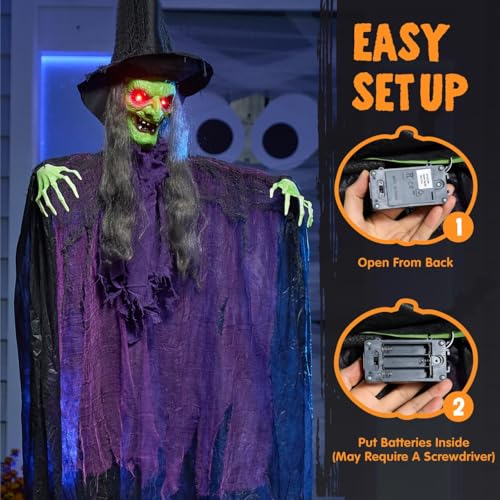 Spellbound Witch Hanging Halloween Decor - 72 Inch Green Face Light-Up Ghost with Sound Activation