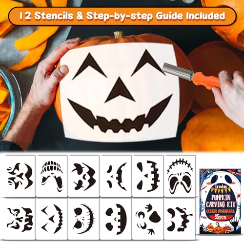 Halloween Pumpkin Carving Kit with Stainless Steel Tools & Candles - 35 Pieces for Kids & Adults