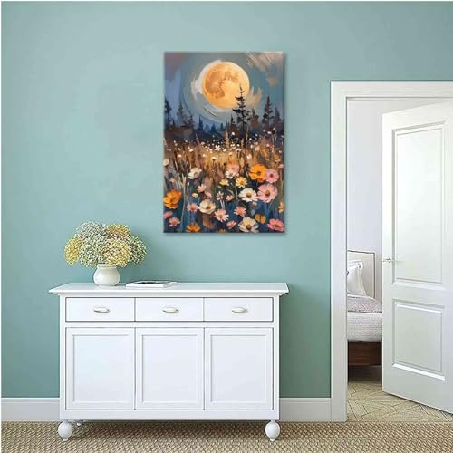 Wildflowers Wall Art Decor - Gothic Enchanted Full Moon Oil Painting Canvas - Framed 12x18in