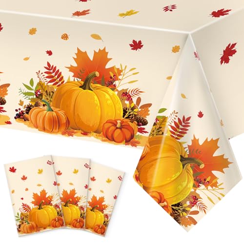 Thanksgiving Pumpkins Disposable Rectangular Fall Tablecloth Set - 3 Pieces, 54 x 108 Inches