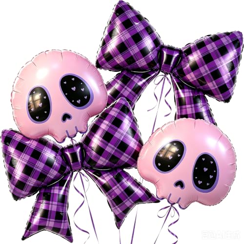 Dark Academia Halloween Balloons Set with Bow and Skull Decor - Black & Purple