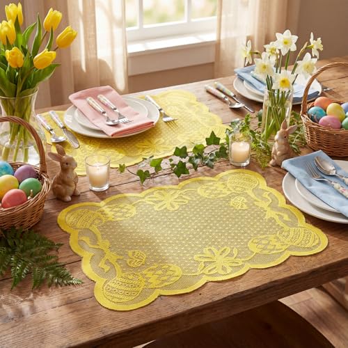Yellow Egg Lace Easter Placemats Set of 4 - 12x18 Inch Rectangular Table Decor