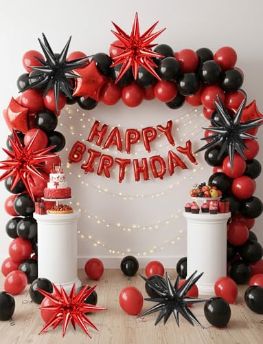 Black Red Star Foil Balloons Set - 9pcs 22 Inch Explosion Spike Balloons for Party Decorations