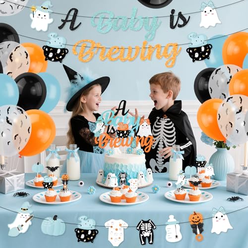 Halloween Baby Shower Decorations Set with Banners Balloons and Cake Toppers