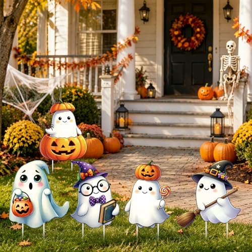 Halloween Yard Signs Decorations Pumpkin Ghost Outdoor Stakes - 8 Pack, 12x13 Inch, Variation: Pumpkin Ghost
