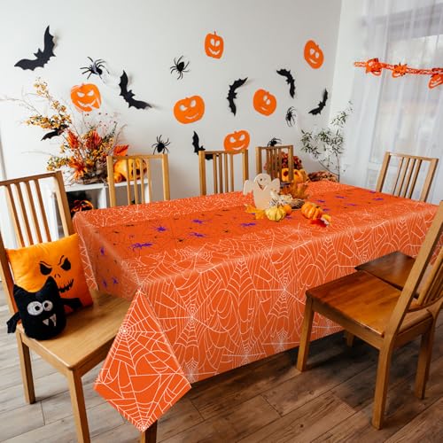Halloween Spider Web Tablecloth - Waterproof Disposable Orange Rectangular Cover 54x108 Inch - 3 Pack