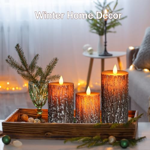 Pine Bark Flameless Candle Set of 3 with Remote & Timer - Brown Variation