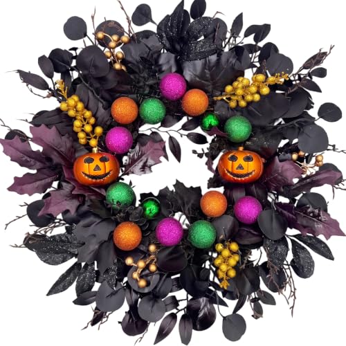 24-Inch Halloween Front Door Wreath with Pumpkins & Eucalyptus Decor
