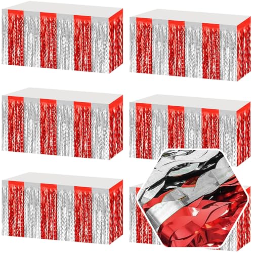 Red Silver Wave Foil Fringe Table Skirt - 29x108 Inch Party Decoration
