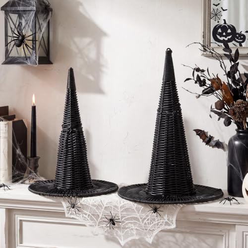 Chicingyou 2 PCS Halloween Rattan Witch Hat Decorations, 15" & 13",