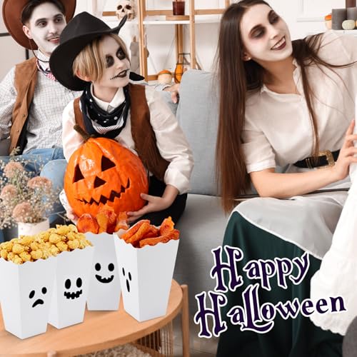 Halloween Ghost Popcorn Boxes Set - 24 Ghost Face Snack Buckets for Parties
