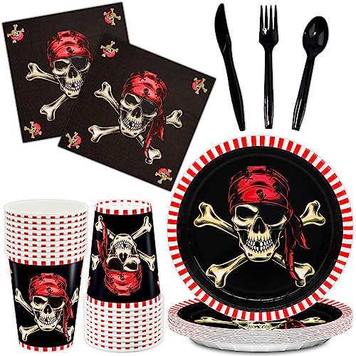 Pirate Party Supplies Set - 144 pcs Disposable Plates Cups Napkins Cutlery for Kids & Boys
