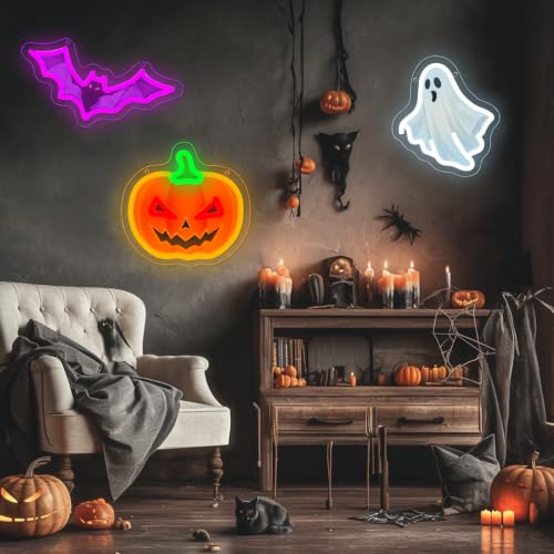 Halloween Neon Signs Set - Dimmable Pumpkin Ghost Bat LED Lights - Colorful Halloween 3pcs