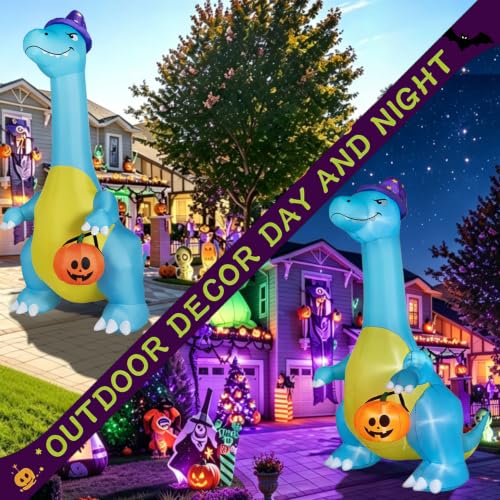 12FT Blue Dinosaur Inflatable Halloween Yard Decoration with LED Lights - Friendly Outdoor Dinosaur