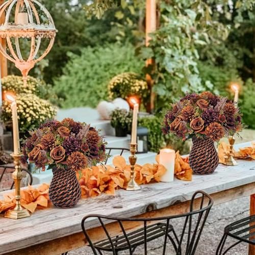 3 Bundles Fall Fake Flowers with Vase - Autumn Centerpieces for Tables