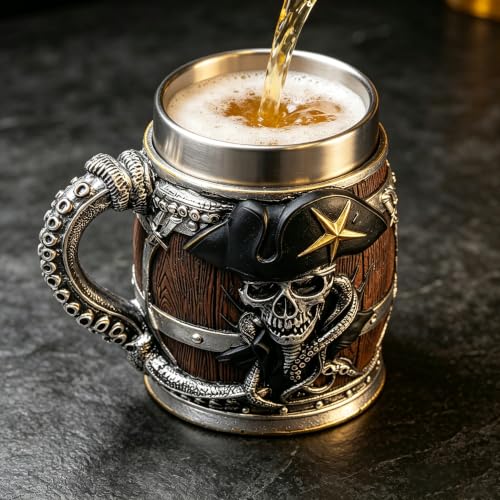 Wooden Barrel Skull Beer Mug 15.8 oz Stainless Steel Liner - Beer Gift