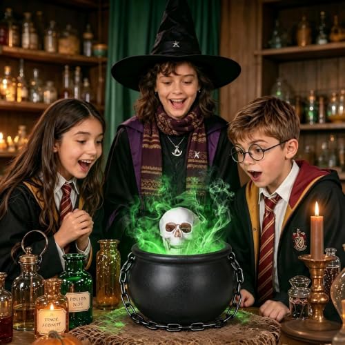 5.9Inch Halloween Witches Cauldron with Water Mist & 6 LED Light Modes, Indoor Decor