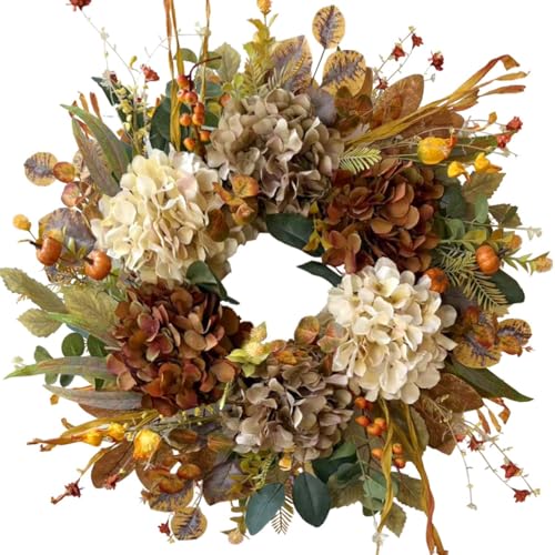 24 Inch Fall Wreath with Hydrangea & Mini Pumpkins - Rustic Front Door Decor - Variation: 10 Rusty Hydrangea