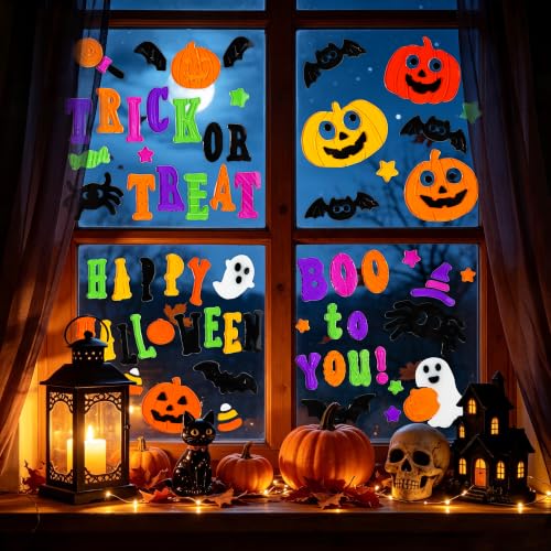 Halloween Gel Window Clings Decor Set - 4 Patterns, Easy to Apply & Remove