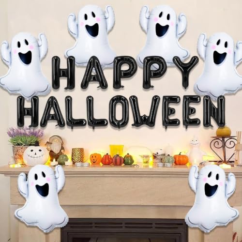 Halloween Foil Balloons Ghost & Happy Halloween Banner Set - Party Decorations