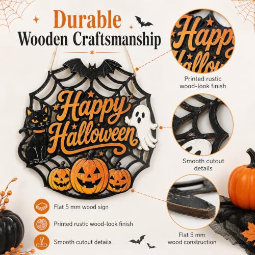 Halloween Door Sign - Wooden Spider Web Welcome Hanger with Ghost, Black Cat & Pumpkins - Farmhouse Fall Decor - Happy Halloween Variation