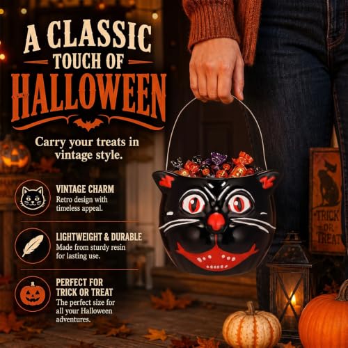 Halloween Black Cat Bucket Vase - Vintage Resin Trick or Treat Basket - Black & White