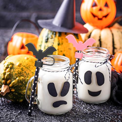 Halloween Bat Silicone Straw Covers - Pink & Black Reusable Tips for 0.4in Straws - Bat Variation