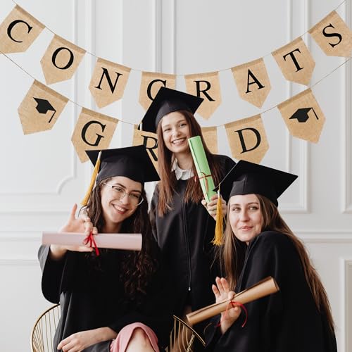 Black Graduation Burlap Banner 2026 - Congrats Grad Garland Rustic Party Decor
