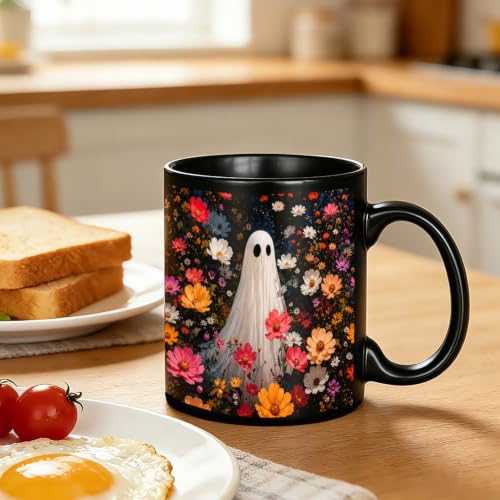 Dark Wildflower Ghost Halloween Mug - Holiday 02, 11oz Ceramic Coffee Cup