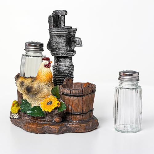 Farmhouse Rooster & Chick Salt & Pepper Shaker Set with Water Pump - Rustic Kitchen Decor - FarmHenWell Variation