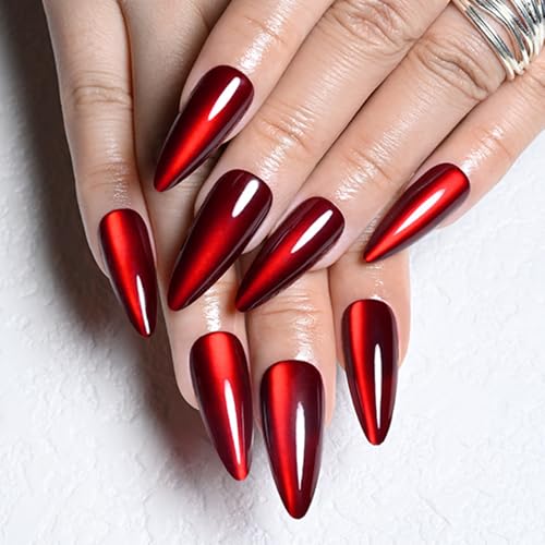 evpct 30Pcs Long Almond Dark Red Cat Eye Metallic Glitter Press-On Nails Set - 30 Ounce