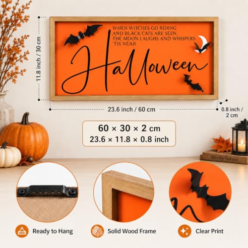 Halloween Wall Art Framed with 3D Bats - Orange Sign for Indoor Decor