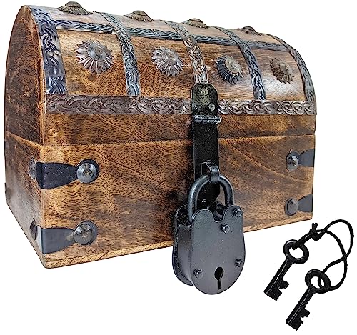 Pirate's Treasure Chest Jewelry Box with Lock & 2 Keys - 8x6x6 Inches, Wooden Nautical Decor - 1 Pack