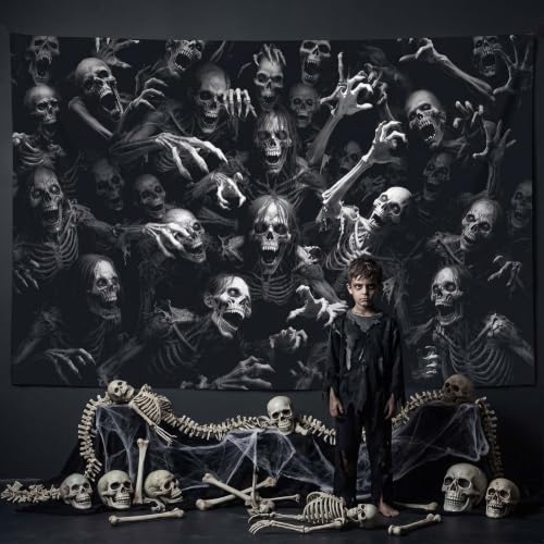 Halloween Skeleton Ghouls Backdrop Black 96 x 72 Inch for Haunted Parties