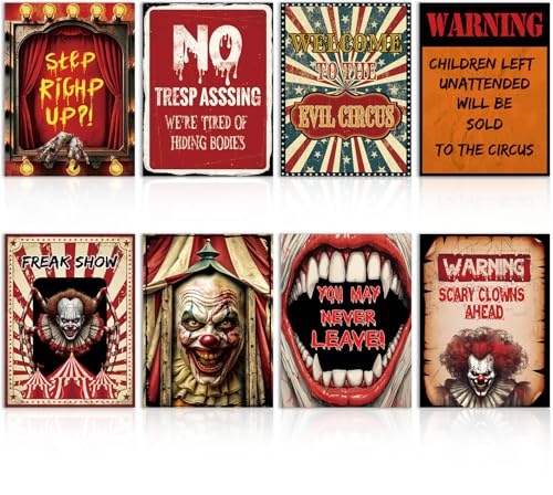 8Pcs Creepy Clown Wall Posters - Haunted Carnival Horror Decorations
