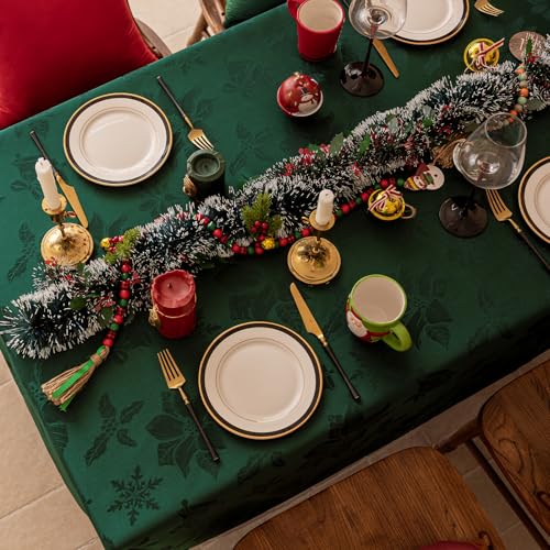 Christmas Jacquard Rectangle Tablecloth 60 x 120 Inch Green Flower Variation